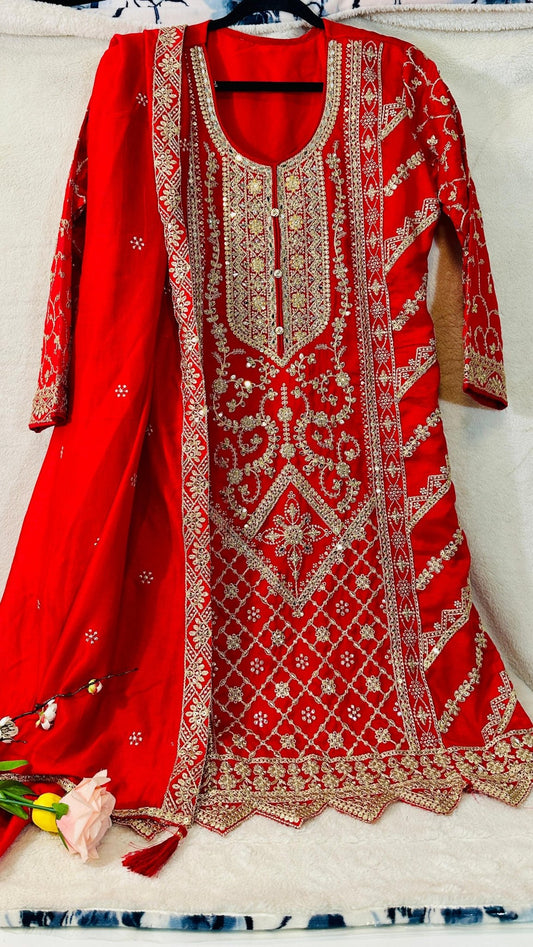Red CHINON silk suit highlighted with pearl, Cutdana, Mirror& thread hand work - My Store