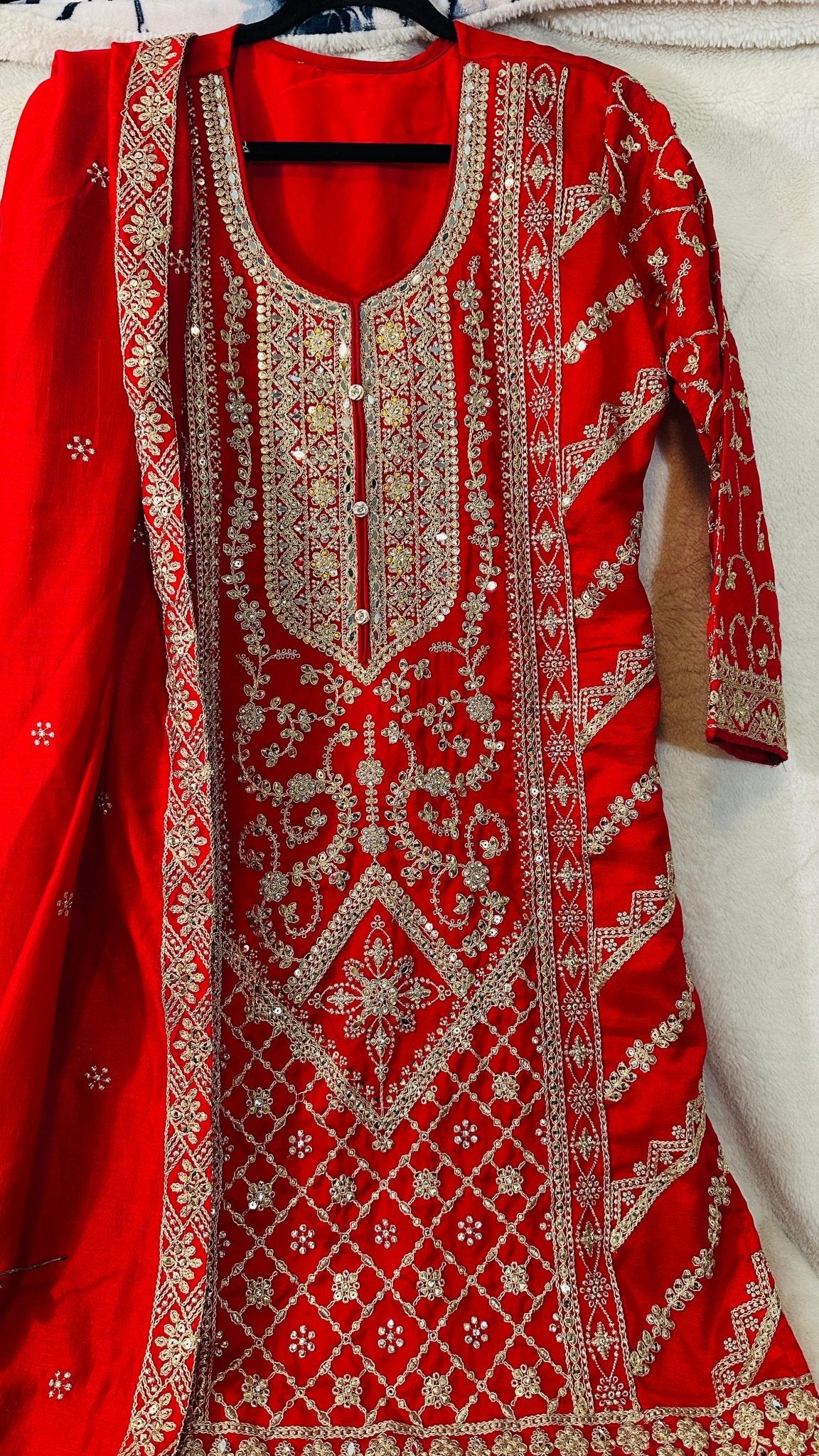 Red CHINON silk suit highlighted with pearl, Cutdana, Mirror& thread hand work - My Store