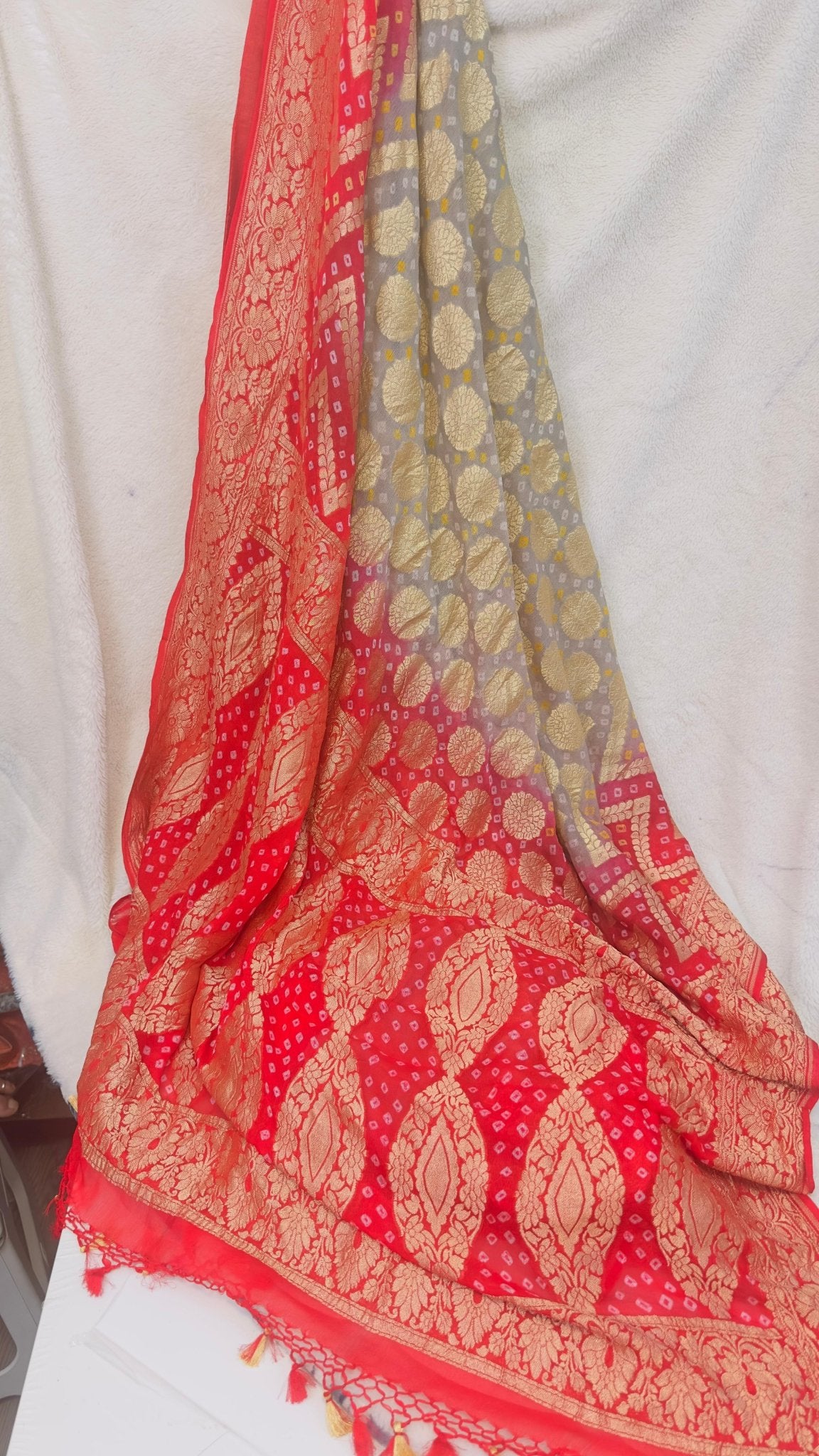 Red - Grey Pure Khaddi Georgette hand rai Bandhani Banarasi saree with tested Gold zari weaving - My Store
