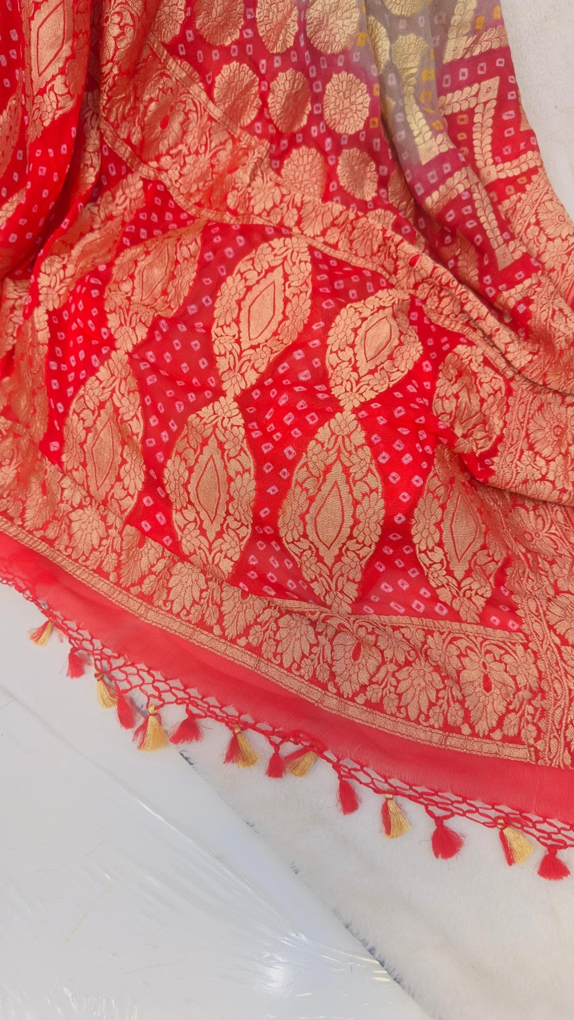 Red - Grey Pure Khaddi Georgette hand rai Bandhani Banarasi saree with tested Gold zari weaving - My Store