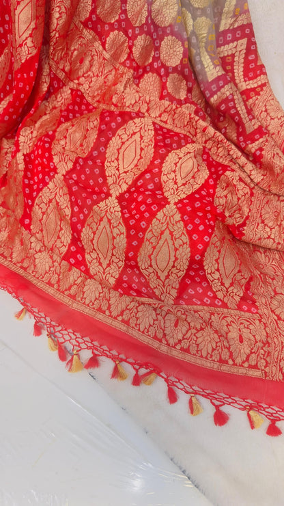 Red - Grey Pure Khaddi Georgette hand rai Bandhani Banarasi saree with tested Gold zari weaving - My Store