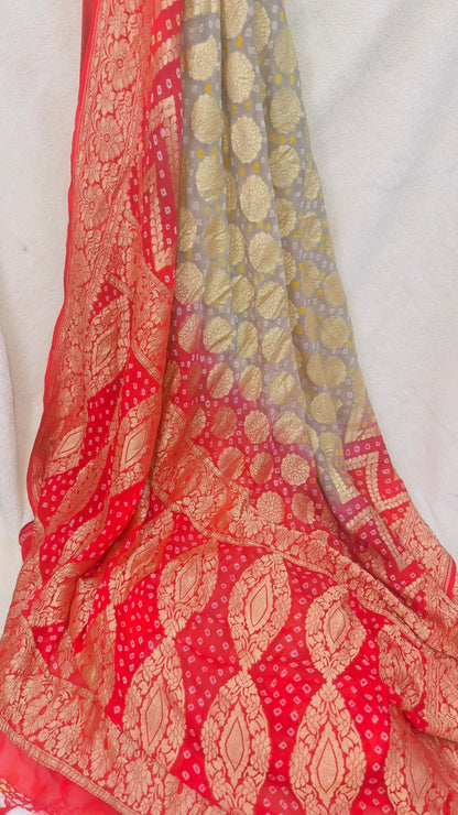 Red - Grey Pure Khaddi Georgette hand rai Bandhani Banarasi saree with tested Gold zari weaving - My Store