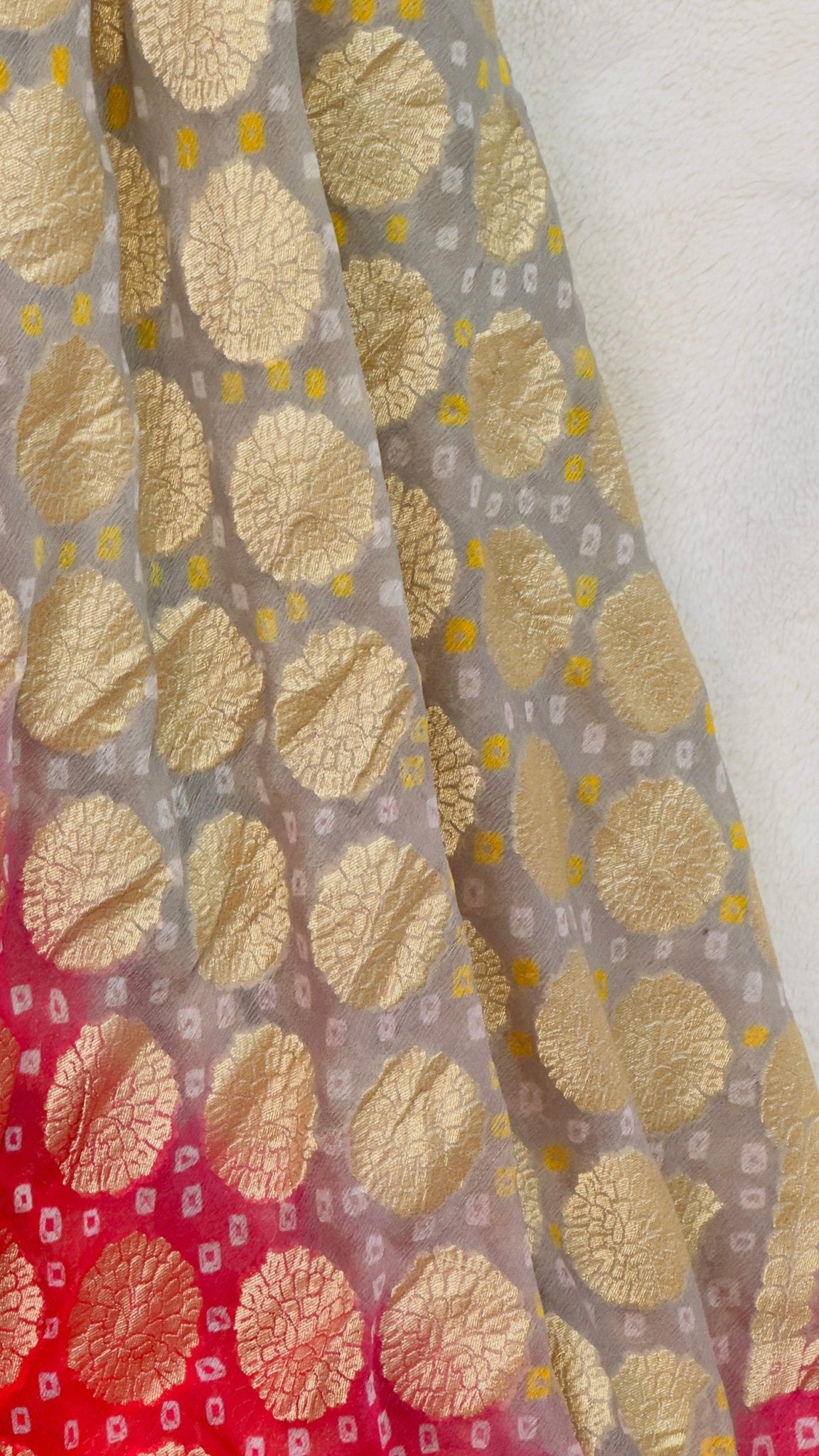 Red - Grey Pure Khaddi Georgette hand rai Bandhani Banarasi saree with tested Gold zari weaving - My Store