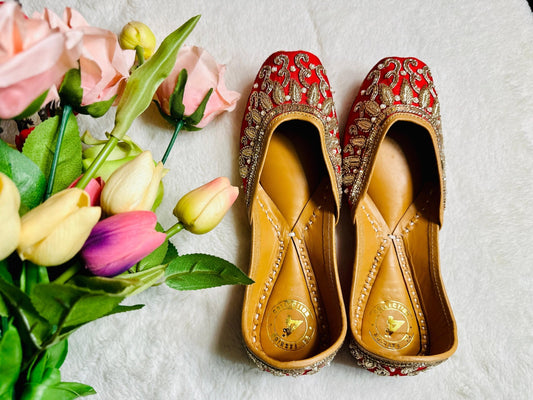 Red Premium designer pure leather Jutti with double cushion and highlighted with all handwork - My Store