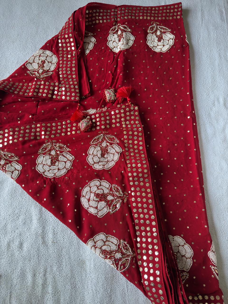 Red Pure Georgette Chikankari Saree with add on Pearl & Mukaish Pitta handwork - My Store