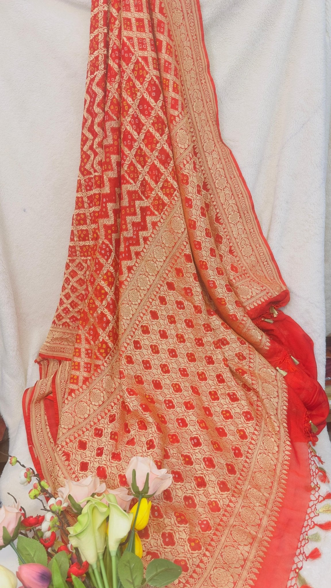 Red Pure Khaddi Georgette hand rai Bandhani Banarasi saree with tested Gold zari weaving - My Store