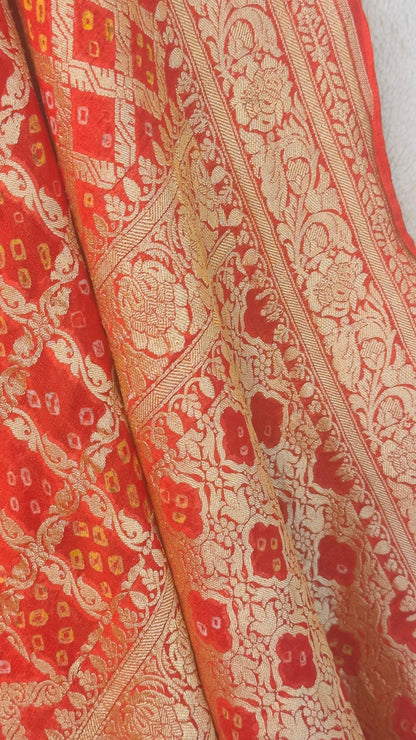 Red Pure Khaddi Georgette hand rai Bandhani Banarasi saree with tested Gold zari weaving - My Store