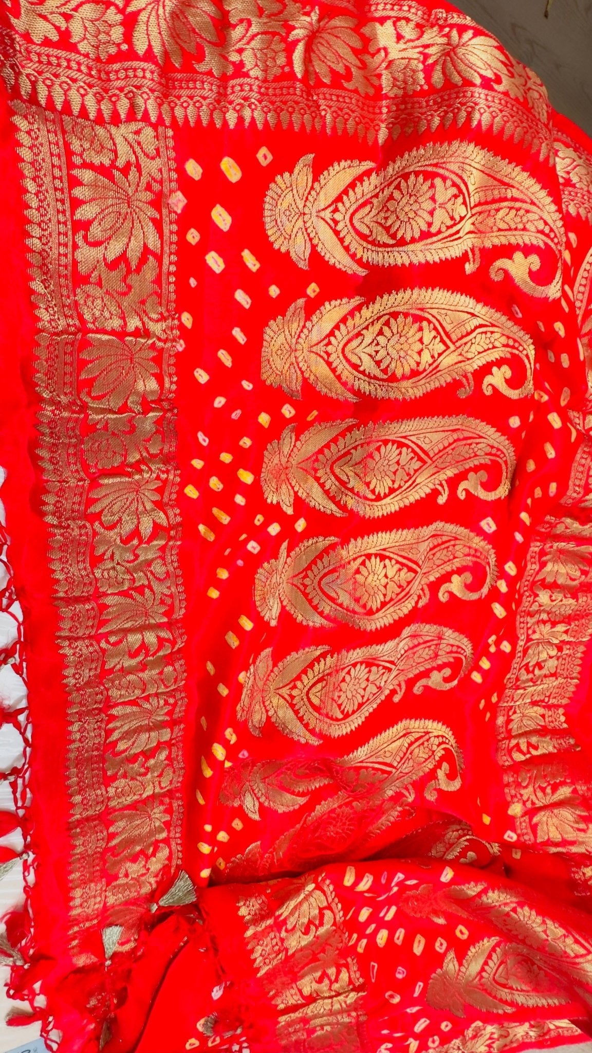 Red Pure Satin silk handloom Banarasi saree with tested Gold zari weaving - My Store