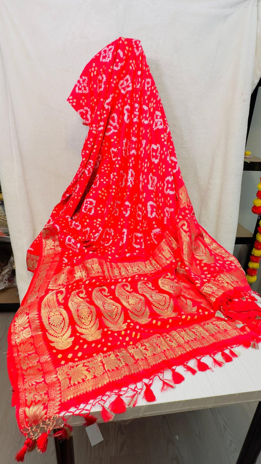 Red Pure Satin silk handloom Banarasi saree with tested Gold zari weaving - My Store