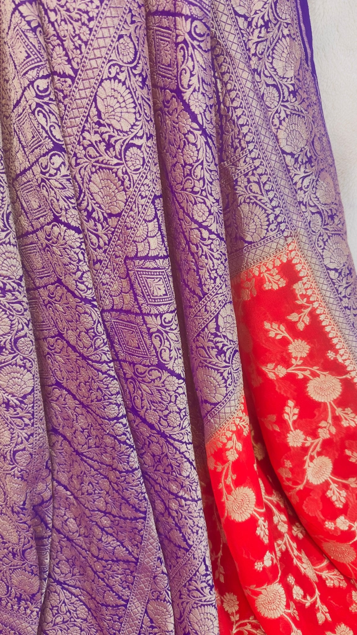 Red - Purple Pure Khaddi Georgette handloom Banarasi saree with tested Gold zari weaving - My Store