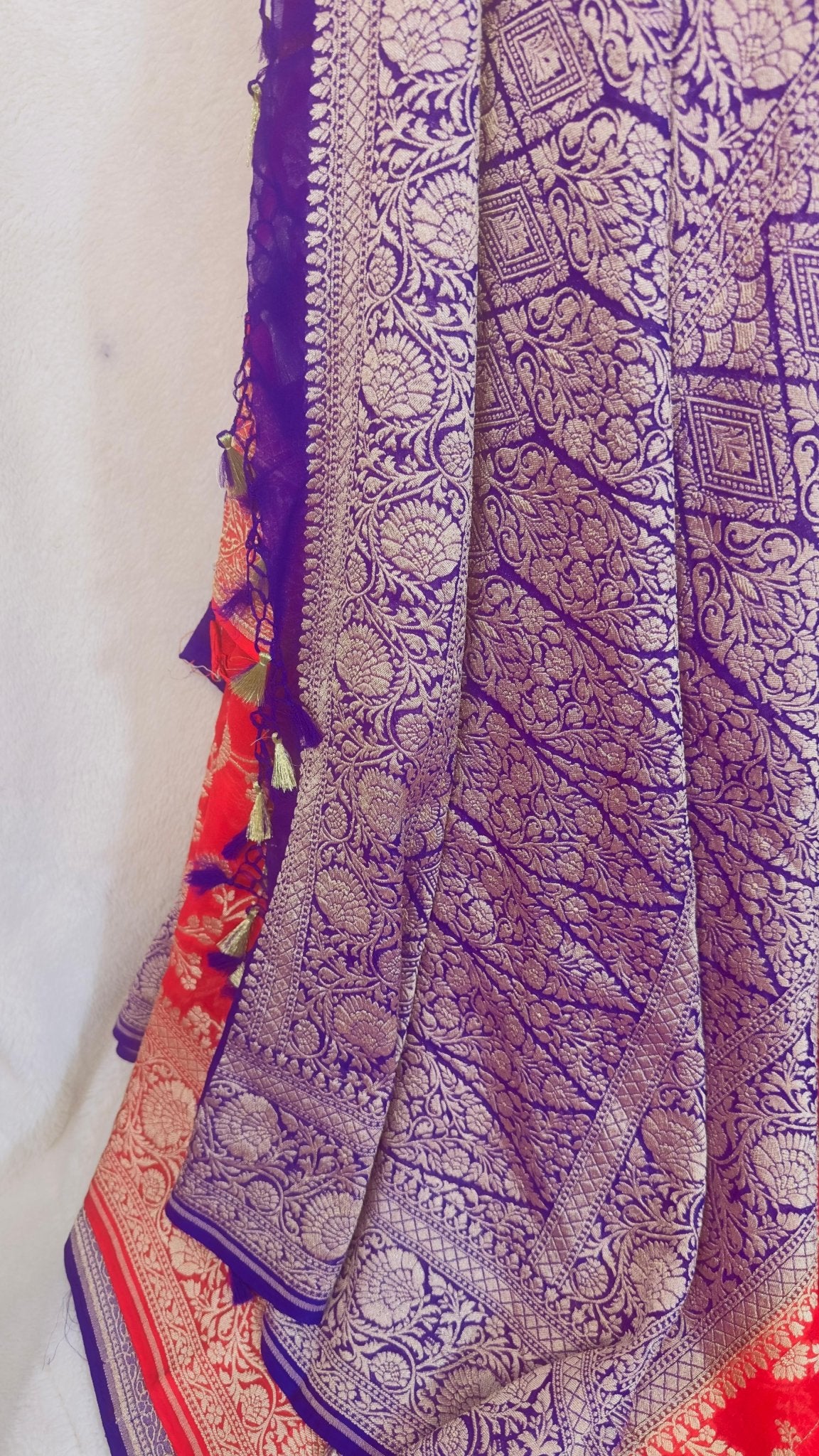 Red - Purple Pure Khaddi Georgette handloom Banarasi saree with tested Gold zari weaving - My Store