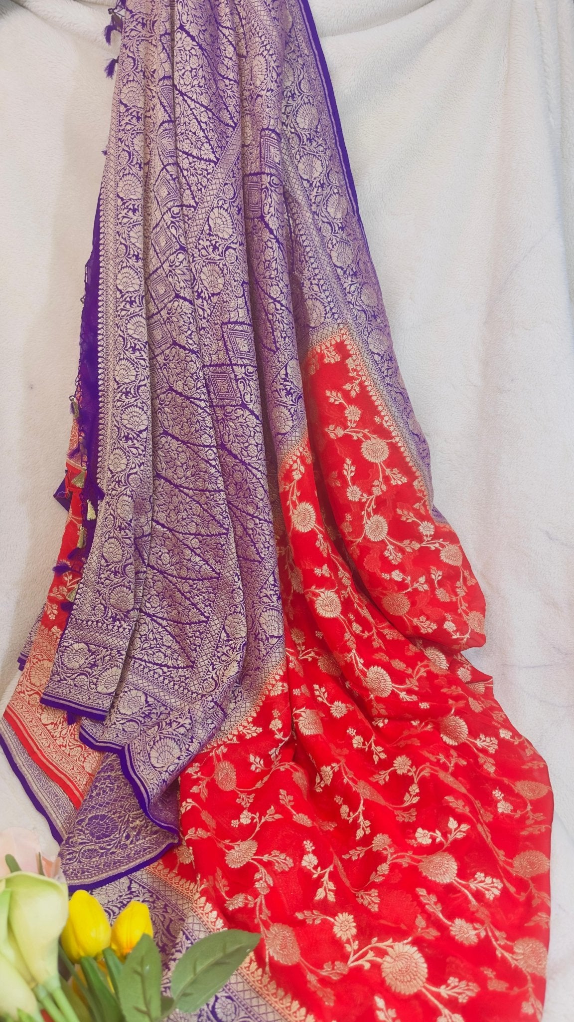 Red - Purple Pure Khaddi Georgette handloom Banarasi saree with tested Gold zari weaving - My Store