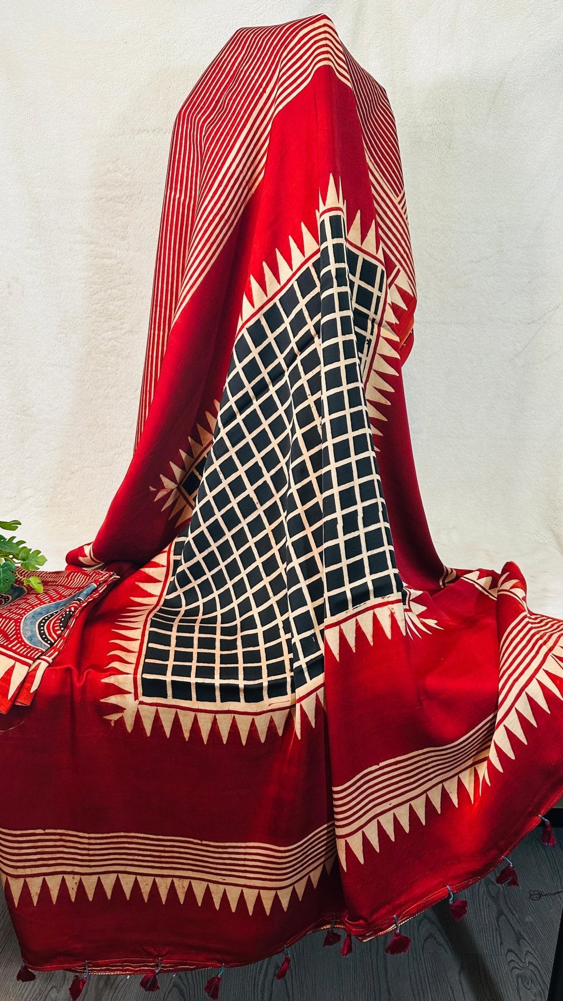 Red Stripe Ajrakh natural dye Hand block print pure Modal silk saree - My Store