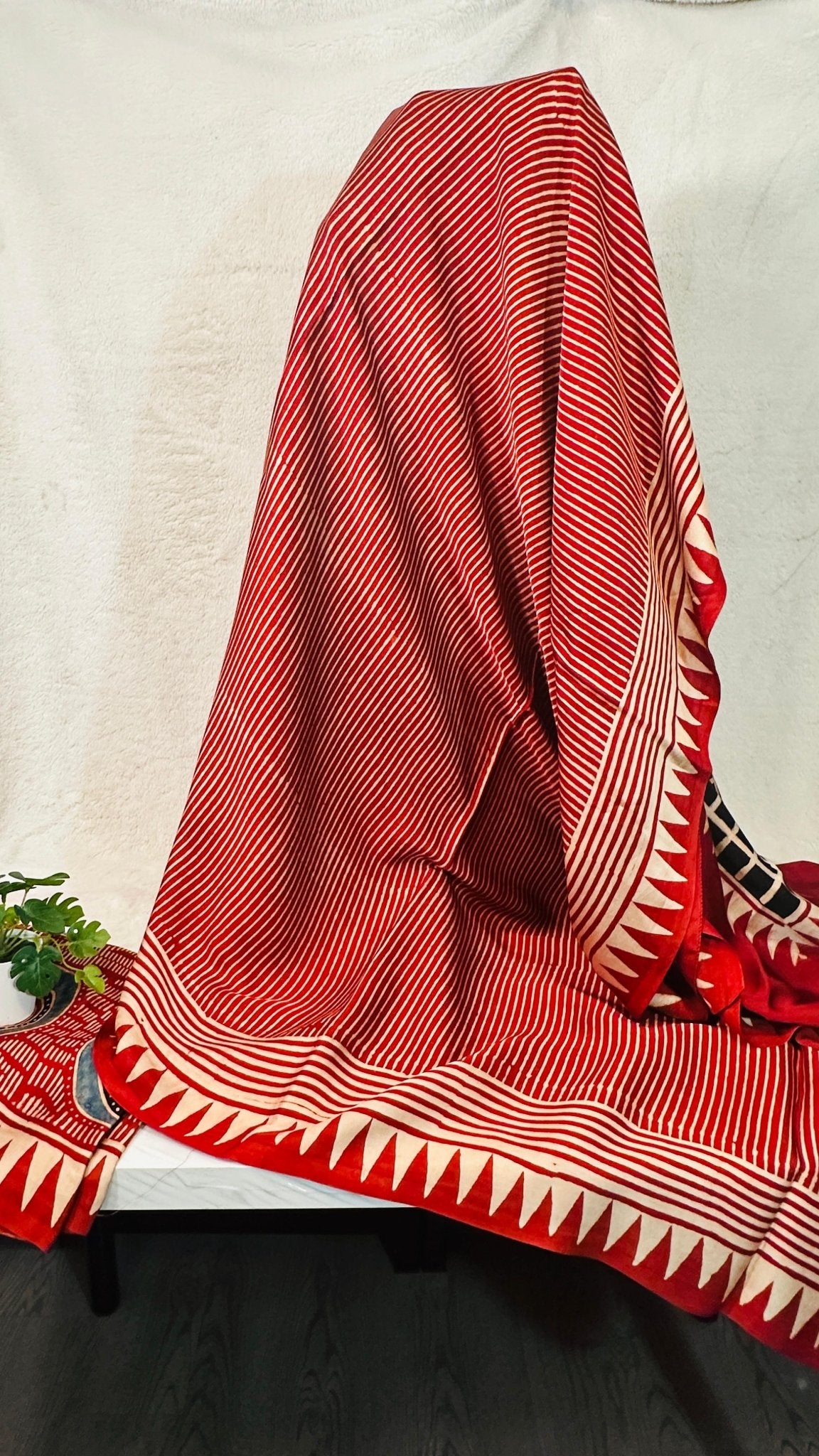 Red Stripe Ajrakh natural dye Hand block print pure Modal silk saree - My Store