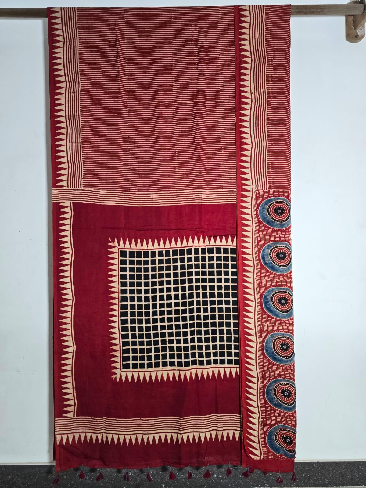 Red Stripe Ajrakh natural dye Hand block print pure Modal silk saree - My Store
