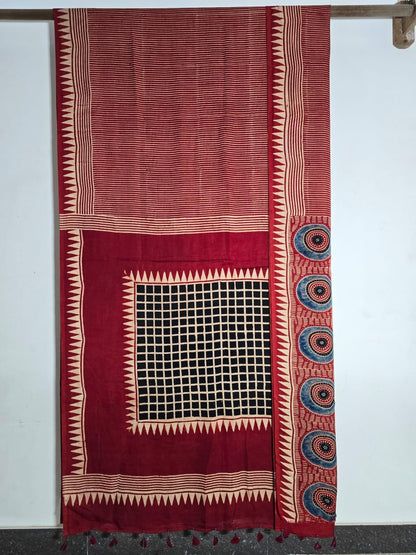 Red Stripe Ajrakh natural dye Hand block print pure Modal silk saree - My Store