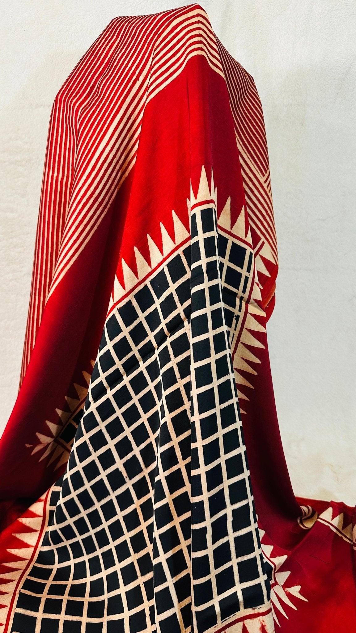 Red Stripe Ajrakh natural dye Hand block print pure Modal silk saree - My Store