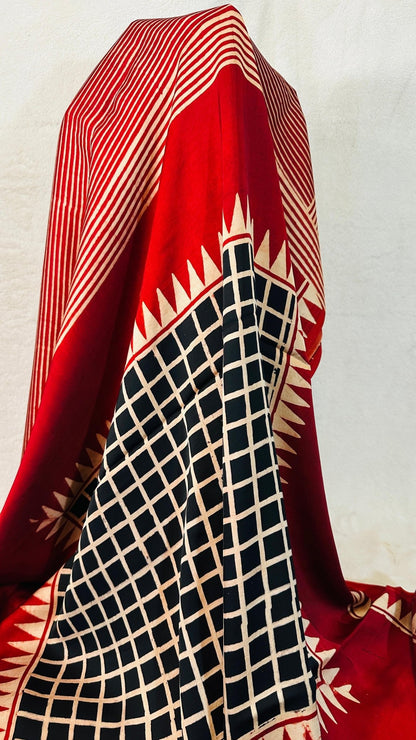 Red Stripe Ajrakh natural dye Hand block print pure Modal silk saree - My Store