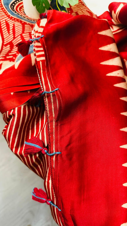 Red Stripe Ajrakh natural dye Hand block print pure Modal silk saree - My Store