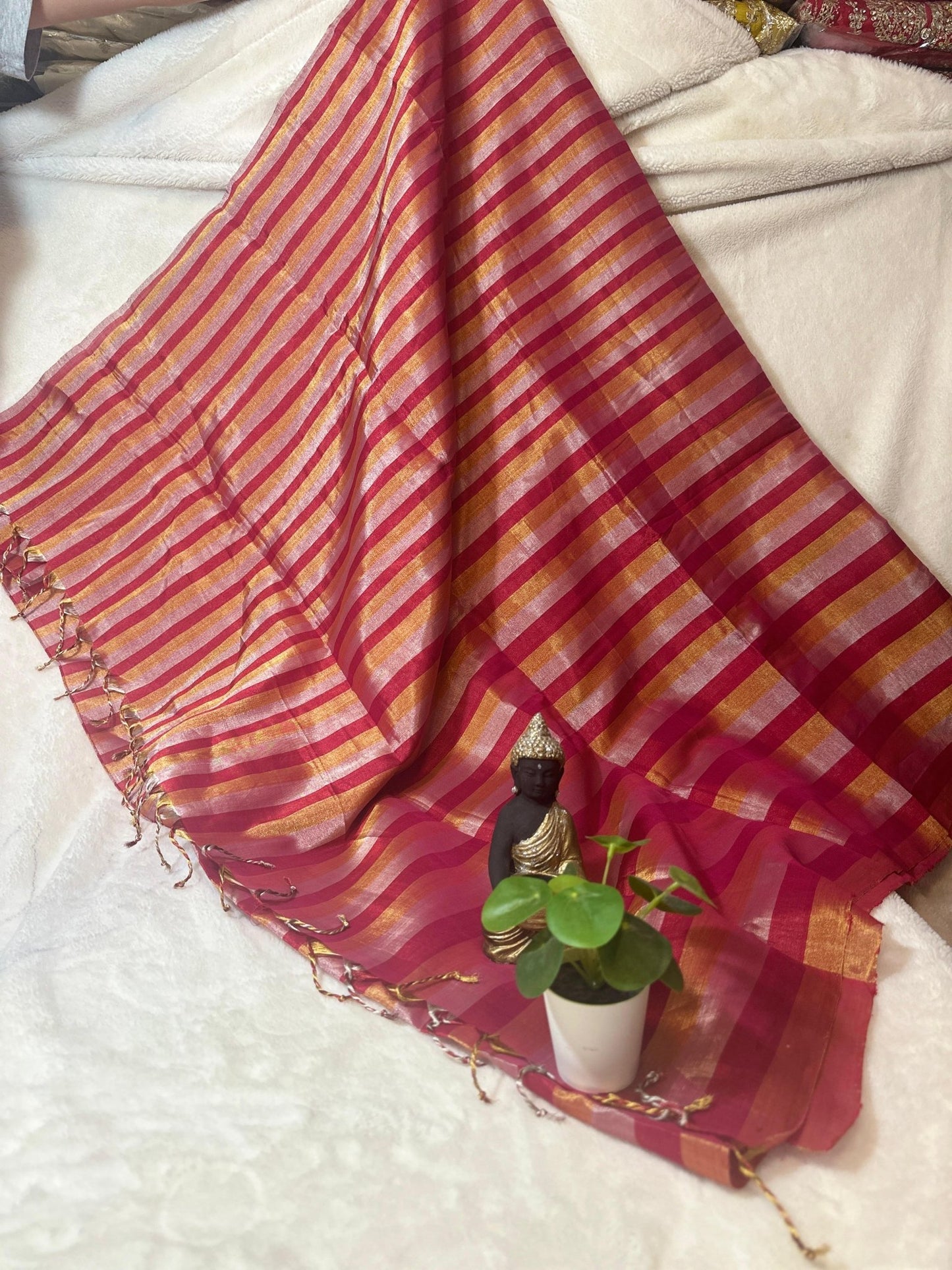 Red with Golden*Silver pure Chanderi Pattu silk handloom Saree - My Store