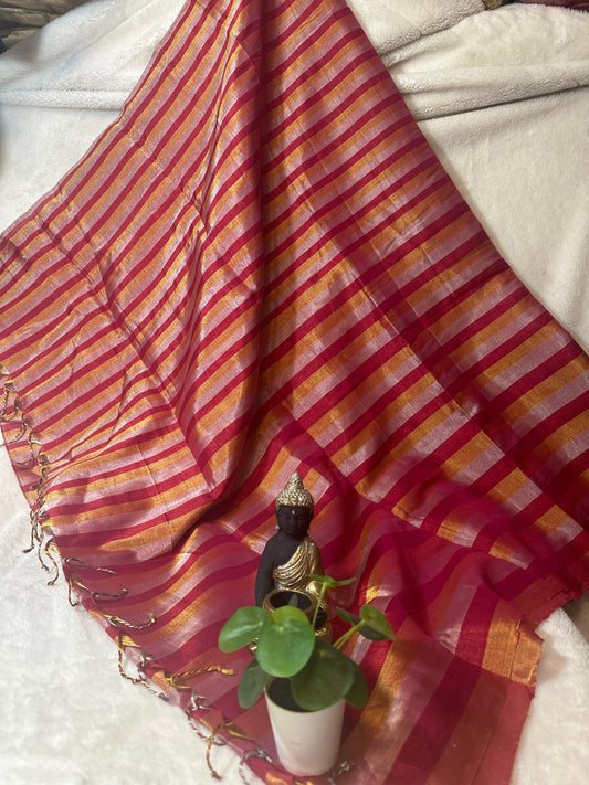 Red with Golden*Silver pure Chanderi Pattu silk handloom Saree - My Store