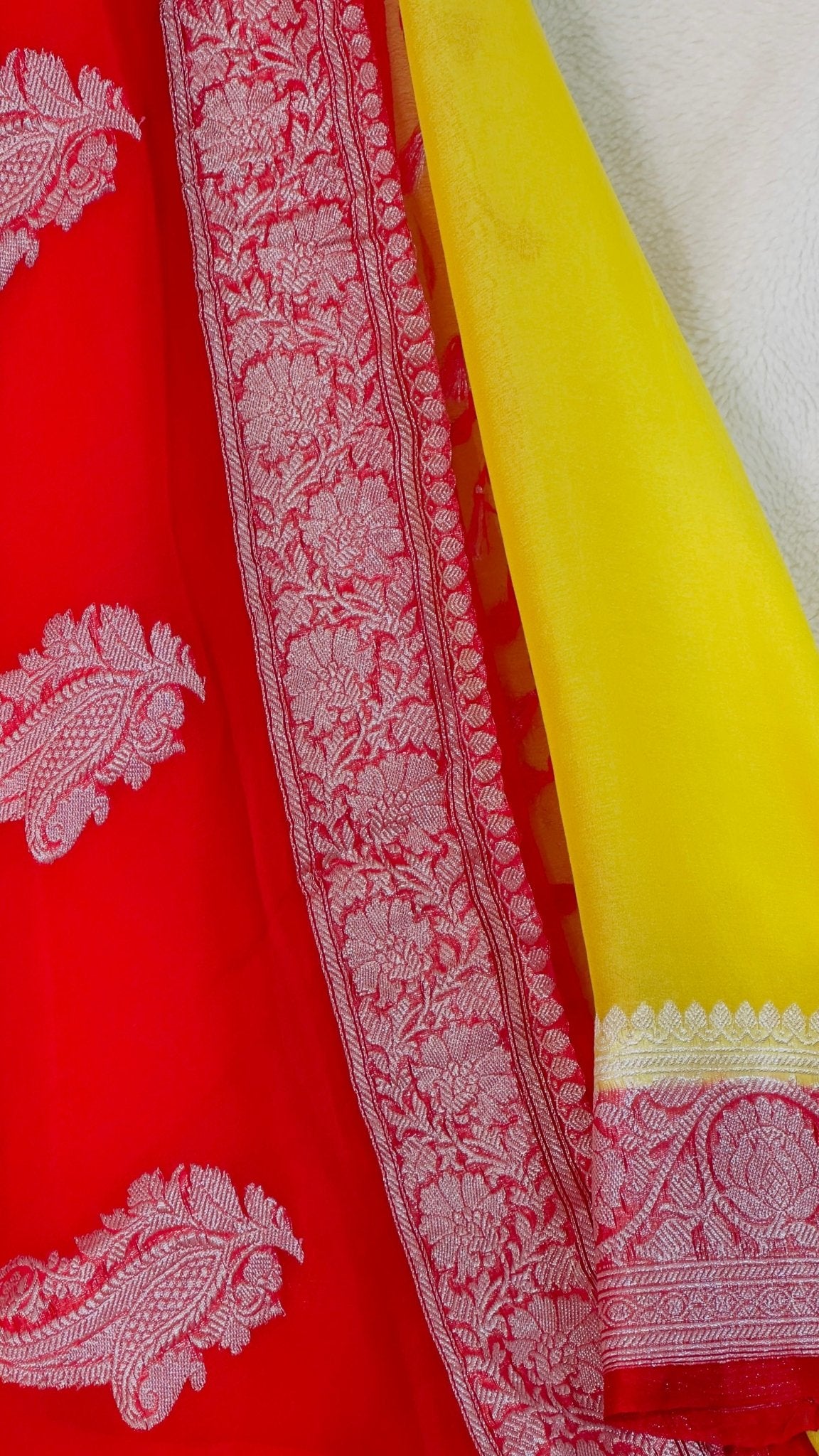 Red - Yellow Pure Khaddi Chiffon handloom Banarasi saree with tested Silver zari weaving - My Store