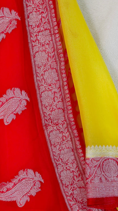 Red - Yellow Pure Khaddi Chiffon handloom Banarasi saree with tested Silver zari weaving - My Store