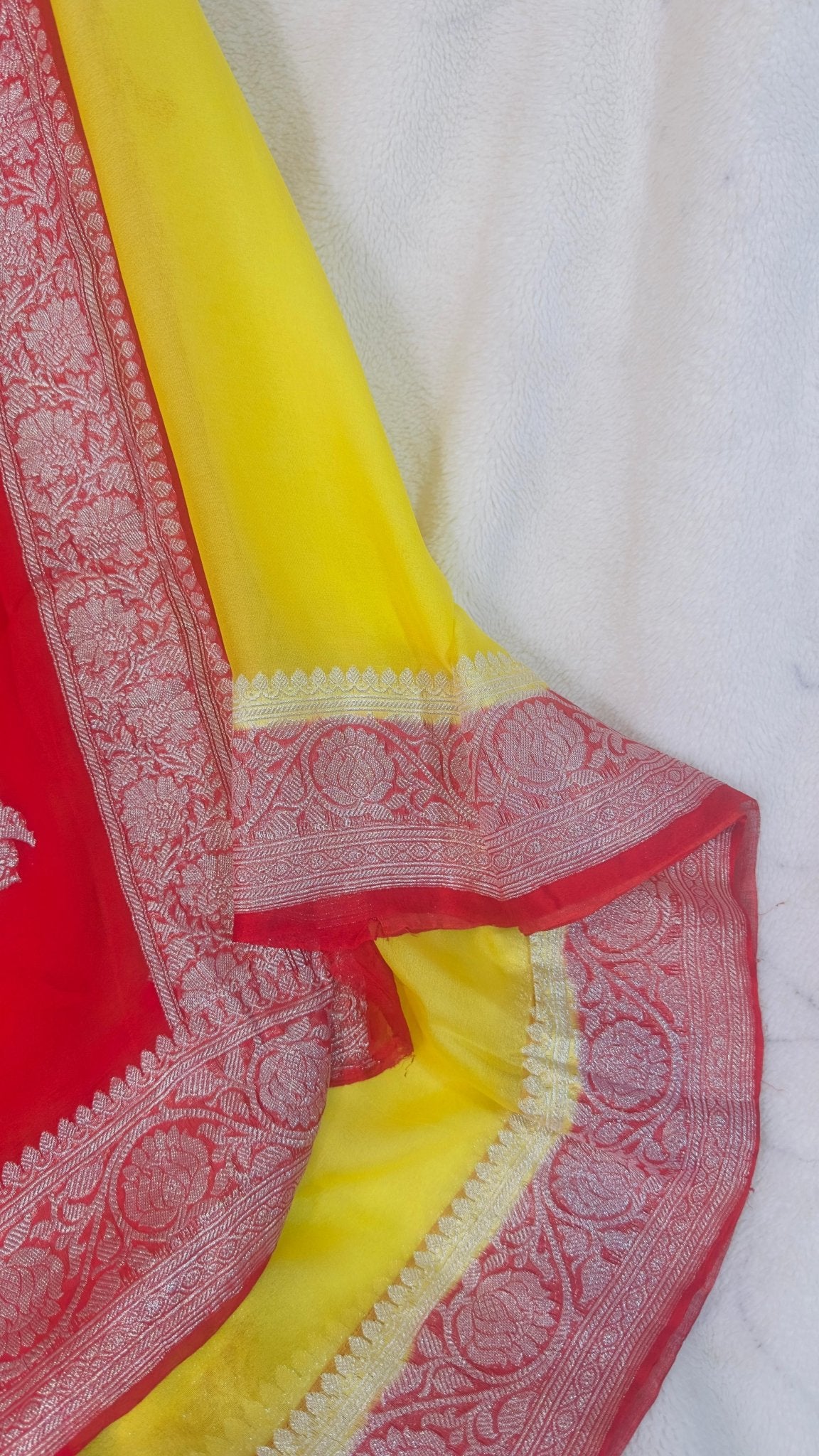 Red - Yellow Pure Khaddi Chiffon handloom Banarasi saree with tested Silver zari weaving - My Store