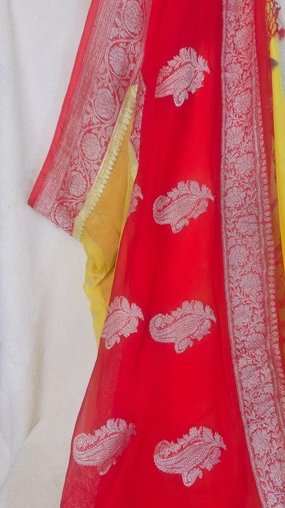 Red - Yellow Pure Khaddi Chiffon handloom Banarasi saree with tested Silver zari weaving - My Store