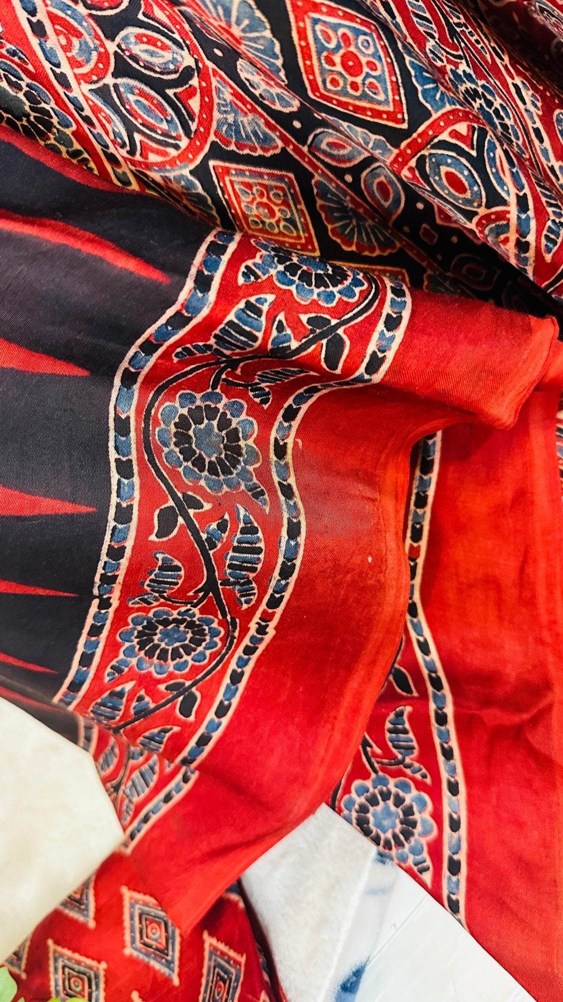 Red*Black Kajukatli Ajrakh natural dye Hand block print pure Modal silk saree - My Store