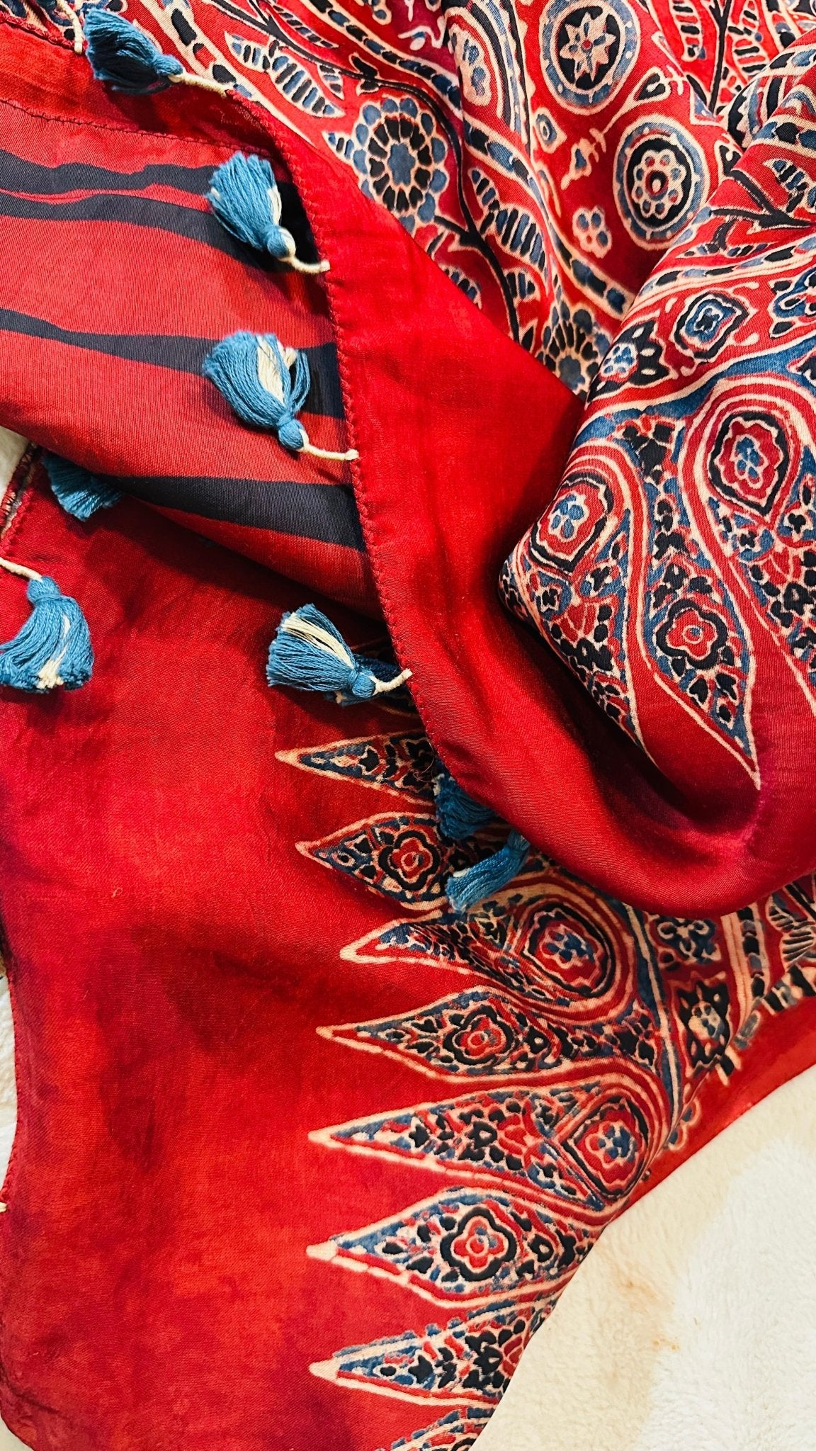 Red*Black Kajukatli Ajrakh natural dye Hand block print pure Modal silk saree - My Store