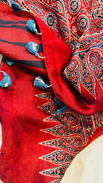 Red*Black Kajukatli Ajrakh natural dye Hand block print pure Modal silk saree - My Store