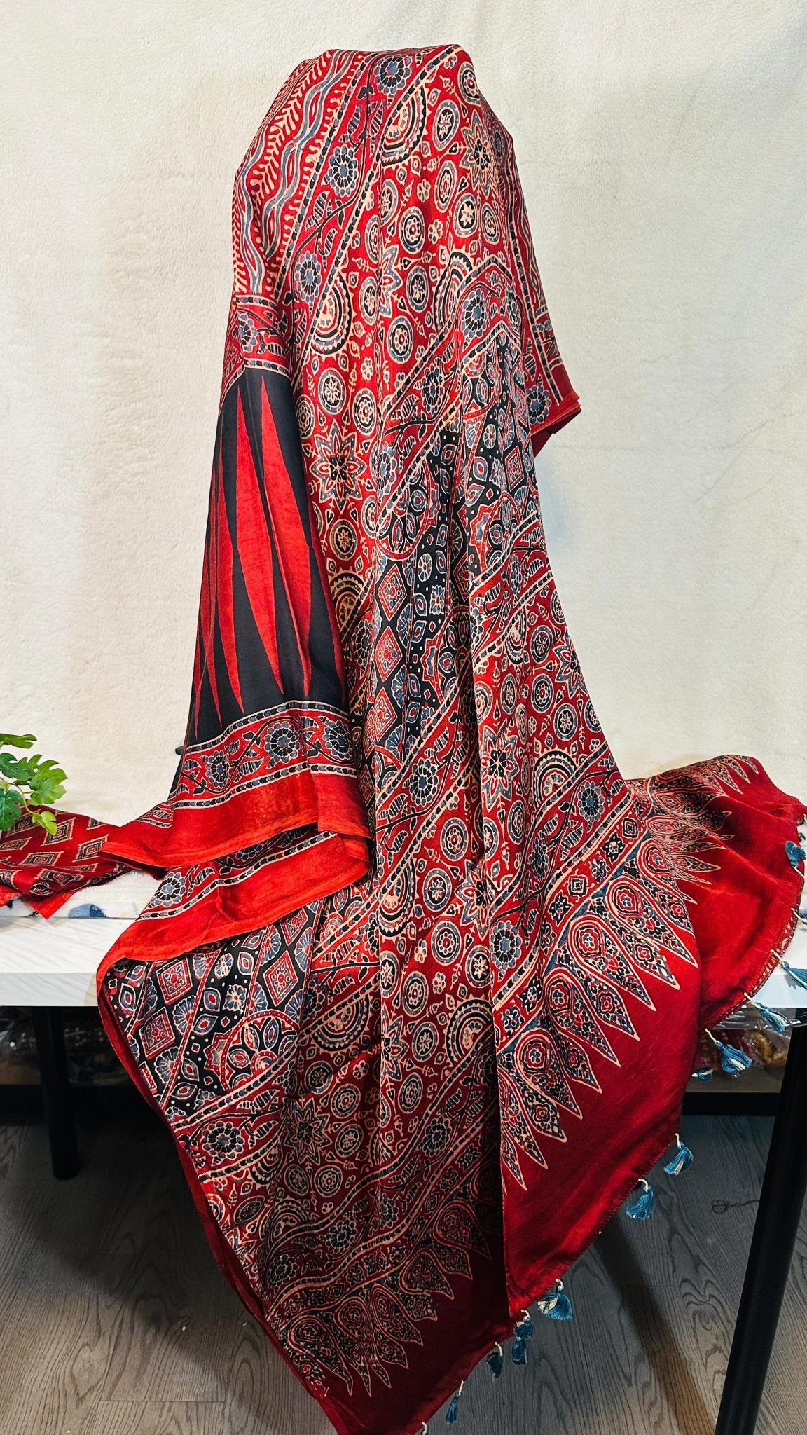 Red*Black Kajukatli Ajrakh natural dye Hand block print pure Modal silk saree - My Store