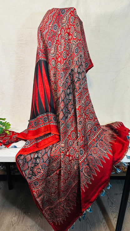 Red*Black Kajukatli Ajrakh natural dye Hand block print pure Modal silk saree - My Store