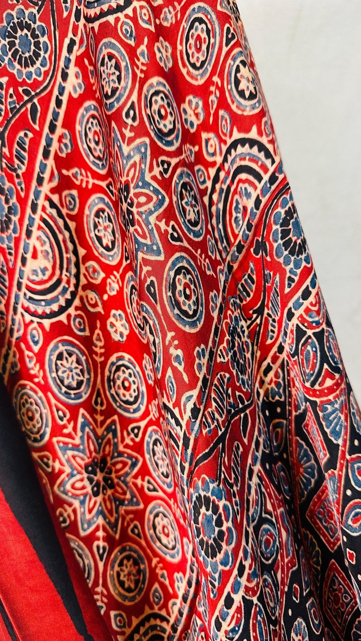 Red*Black Kajukatli Ajrakh natural dye Hand block print pure Modal silk saree - My Store