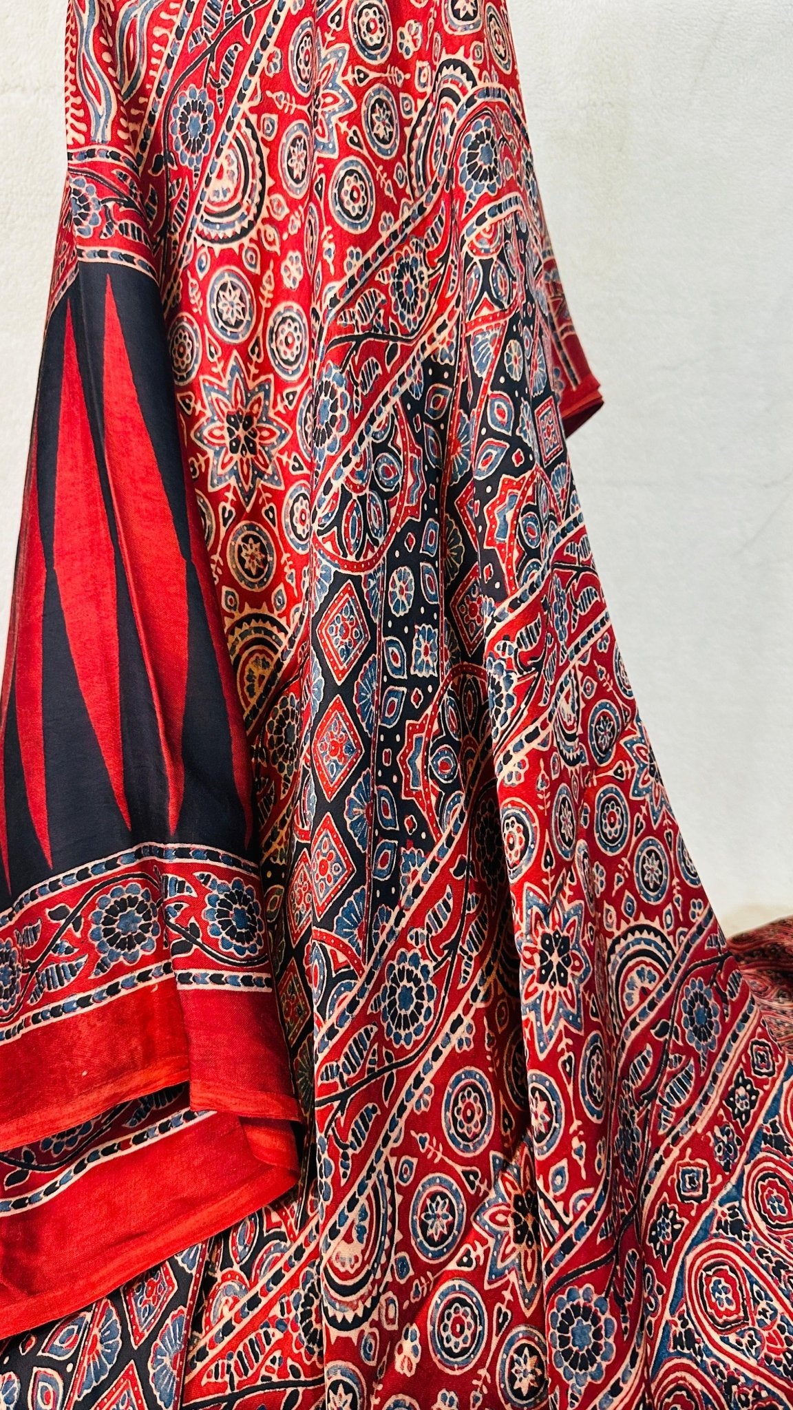 Red*Black Kajukatli Ajrakh natural dye Hand block print pure Modal silk saree - My Store