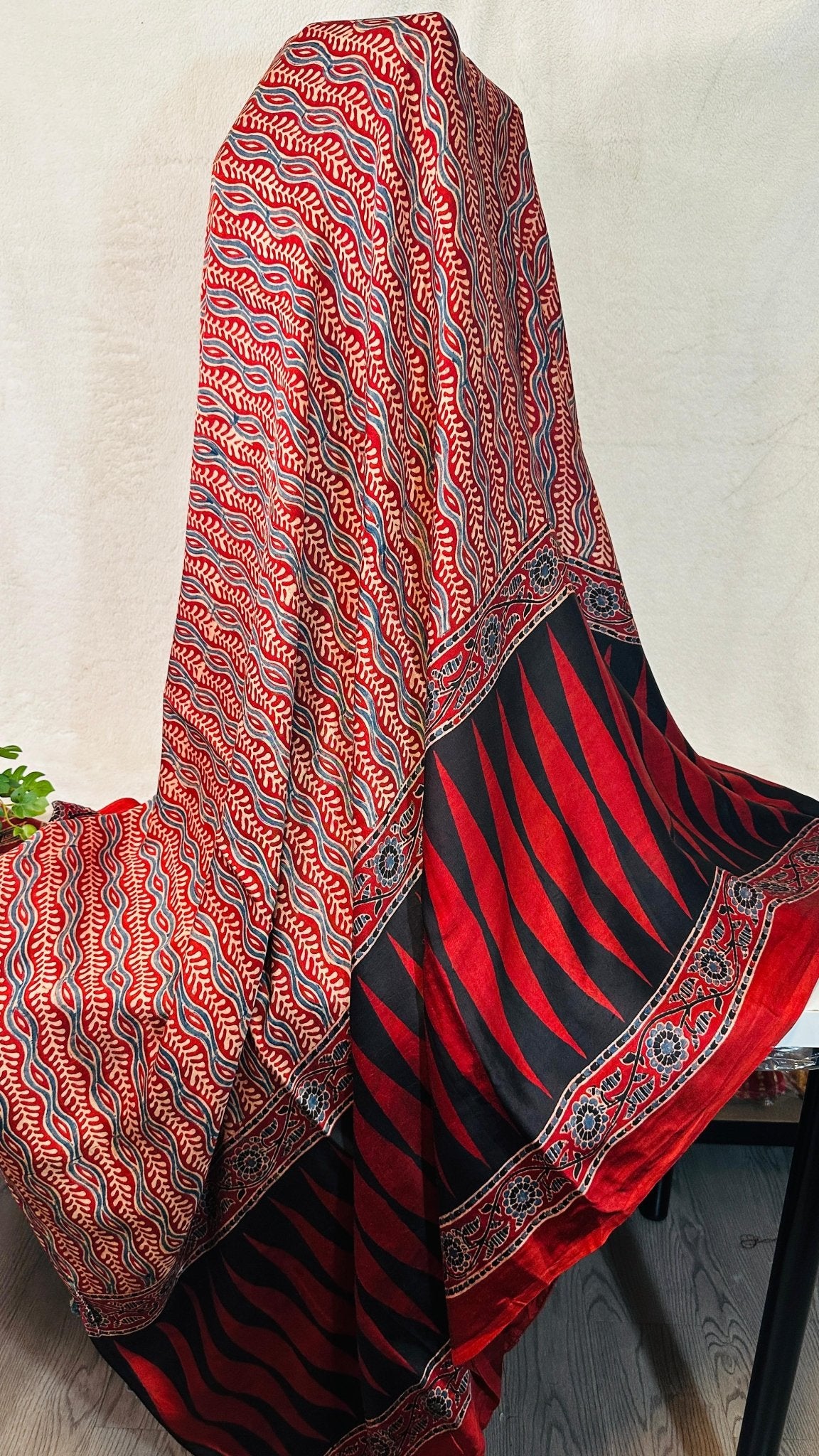 Red*Black Kajukatli Ajrakh natural dye Hand block print pure Modal silk saree - My Store