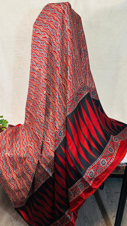 Red*Black Kajukatli Ajrakh natural dye Hand block print pure Modal silk saree - My Store