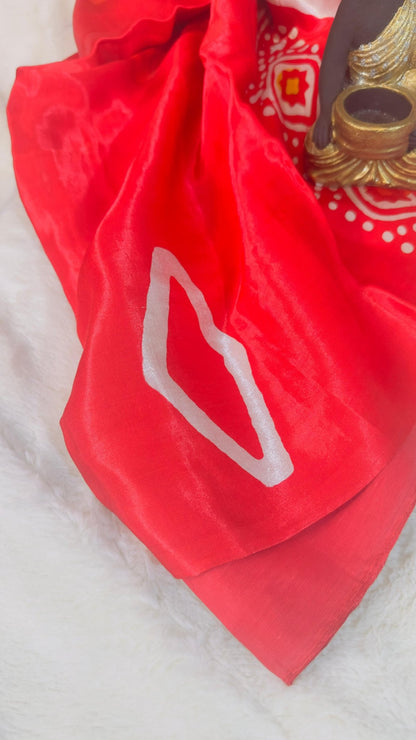 Red*White Ajrakh Chemical dye Hand block print pure Modal silk saree - My Store