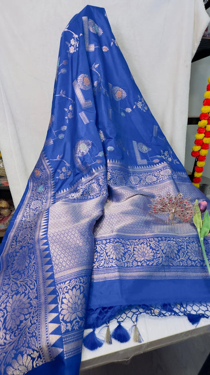 Royal Blue Pure Katan by katan handloom silk Banarasi saree - My Store