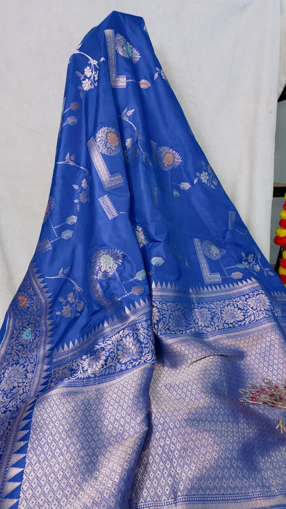 Royal Blue Pure Katan by katan handloom silk Banarasi saree - My Store