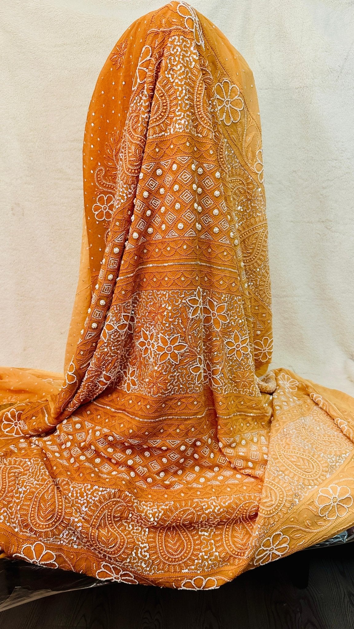 Rust ombré Pure Georgette Chikankari Saree enteric with fine hand Chikankari, Pearl ,sequins & Cutdana hand work - My Store