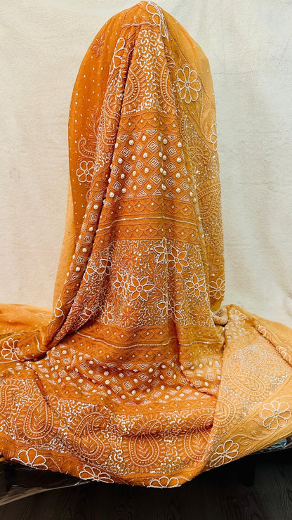 Rust ombré Pure Georgette Chikankari Saree enteric with fine hand Chikankari, Pearl ,sequins & Cutdana hand work - My Store