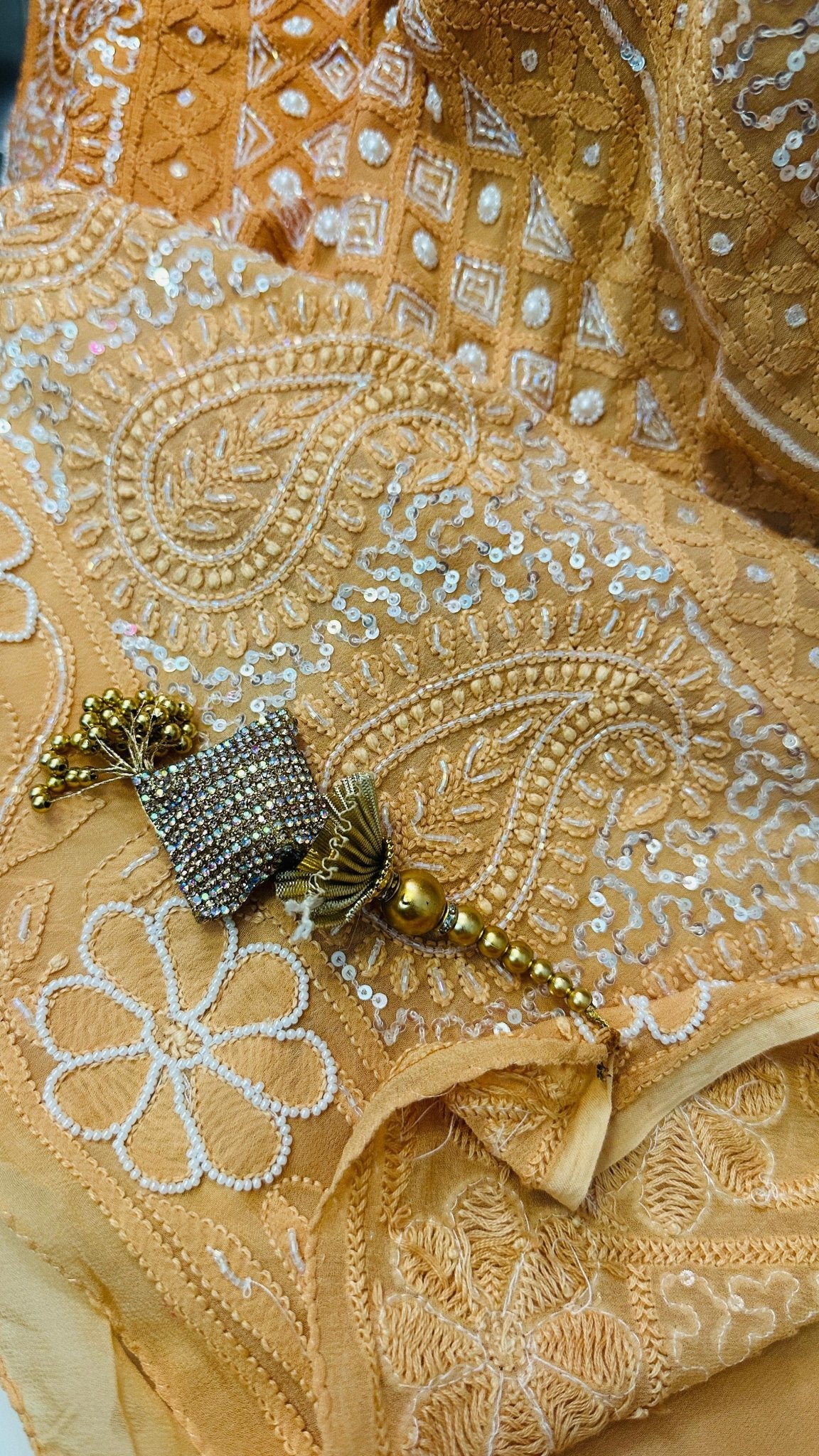 Rust ombré Pure Georgette Chikankari Saree enteric with fine hand Chikankari, Pearl ,sequins & Cutdana hand work - My Store