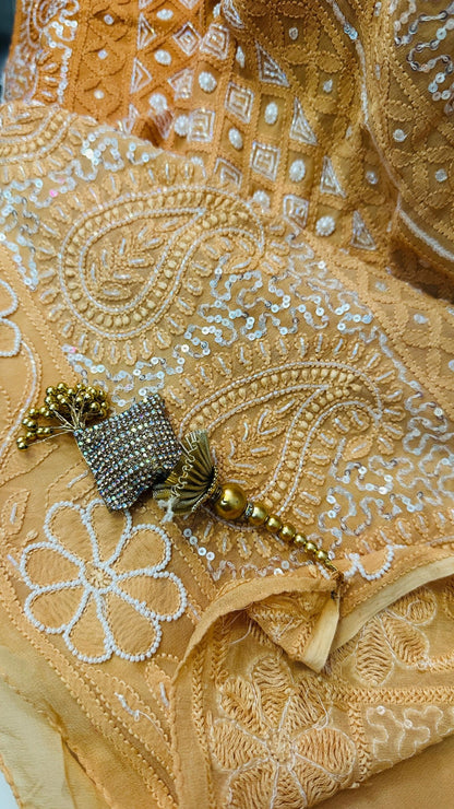 Rust ombré Pure Georgette Chikankari Saree enteric with fine hand Chikankari, Pearl ,sequins & Cutdana hand work - My Store