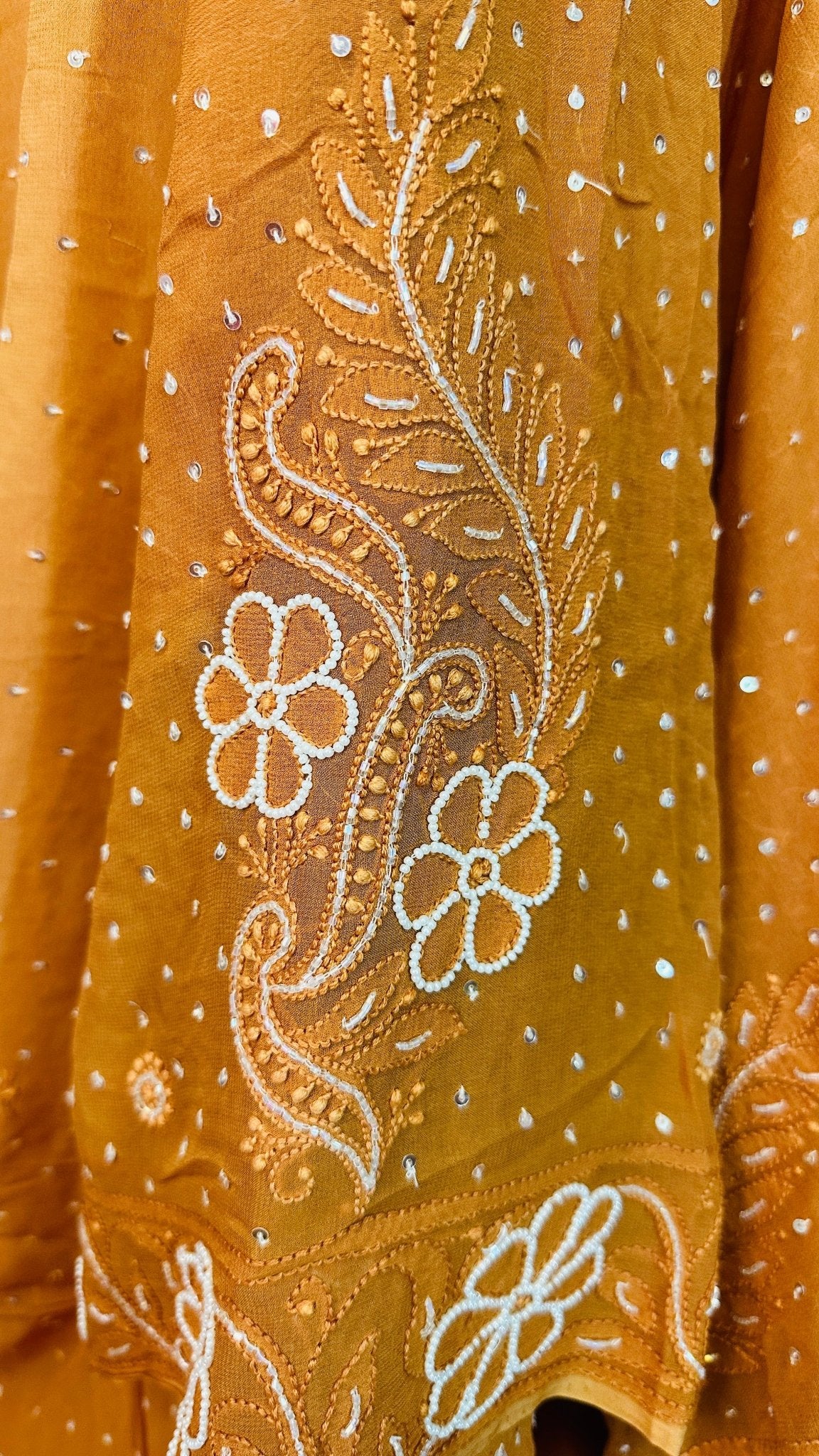 Rust ombré Pure Georgette Chikankari Saree enteric with fine hand Chikankari, Pearl ,sequins & Cutdana hand work - My Store