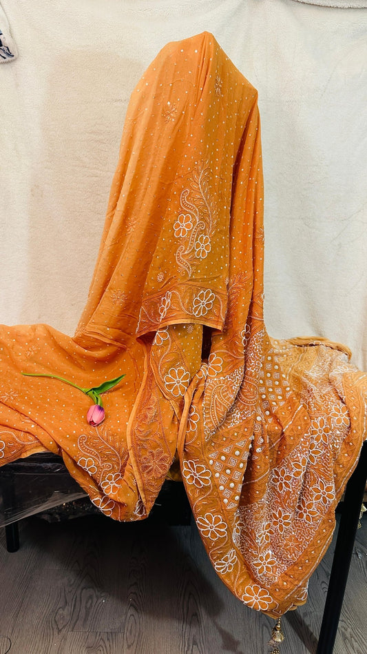 Rust ombré Pure Georgette Chikankari Saree enteric with fine hand Chikankari, Pearl ,sequins & Cutdana hand work - My Store