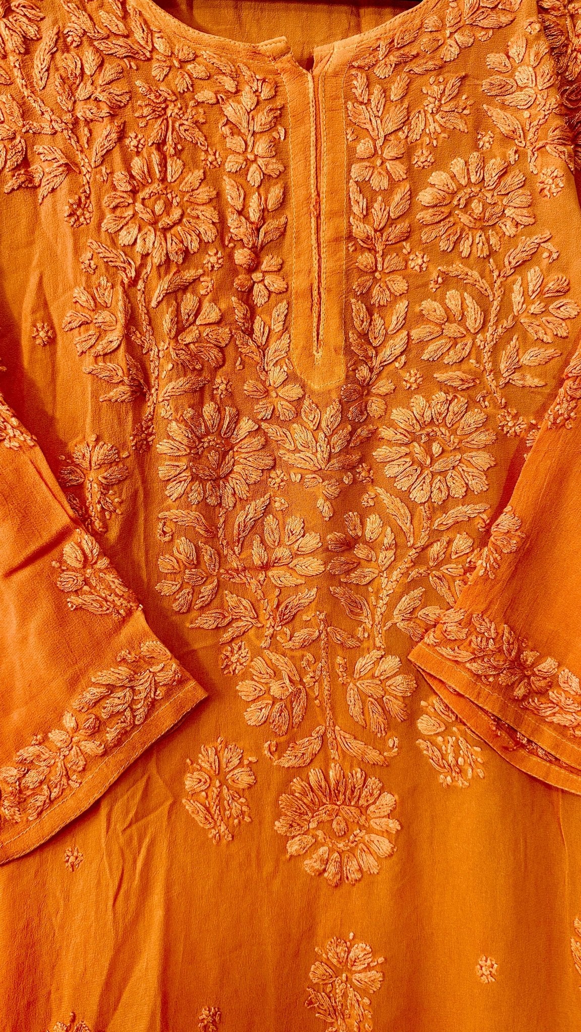Rust orange tone on tone Viscose Chikankari Kurti with 3D Chikankari - My Store