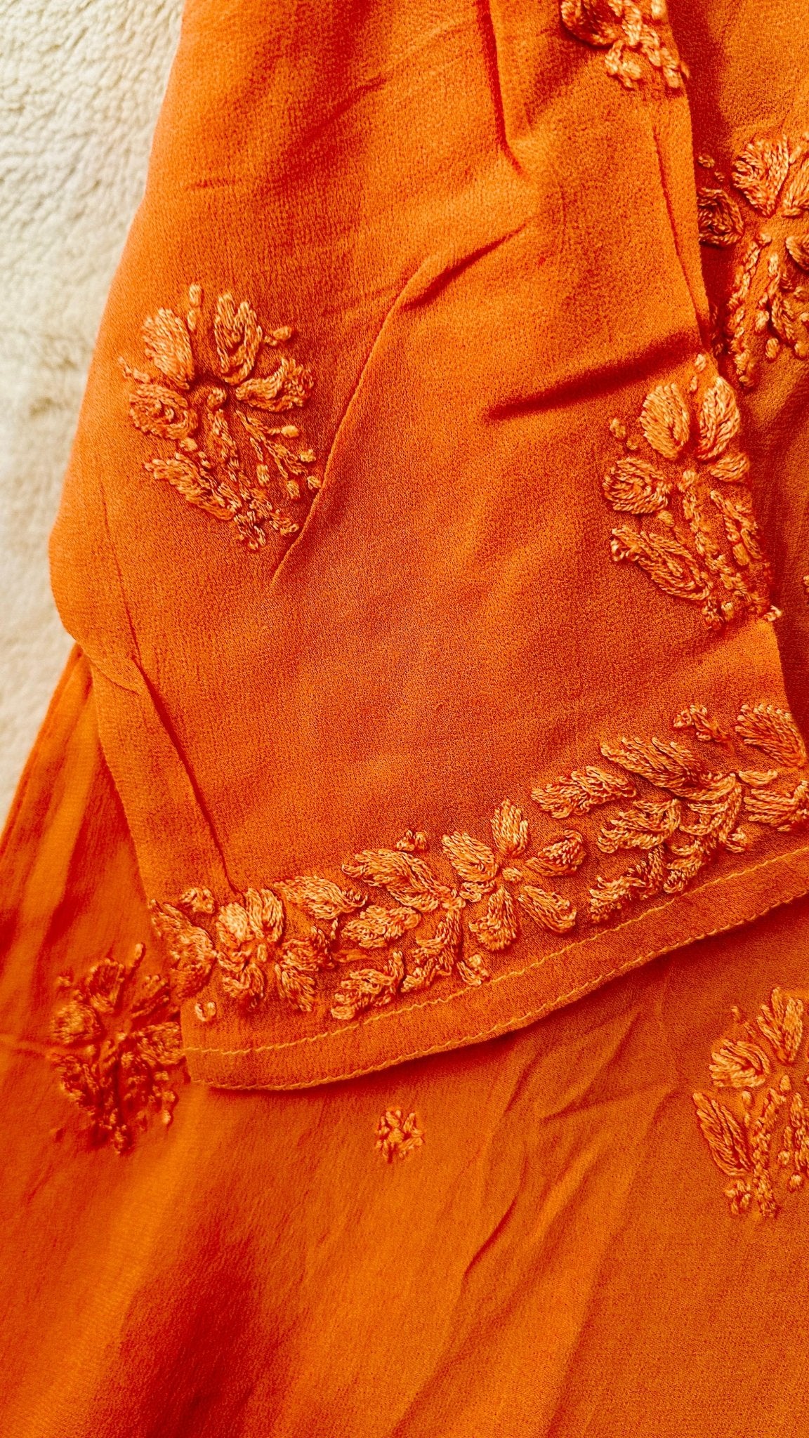 Rust orange tone on tone Viscose Chikankari Kurti with 3D Chikankari - My Store