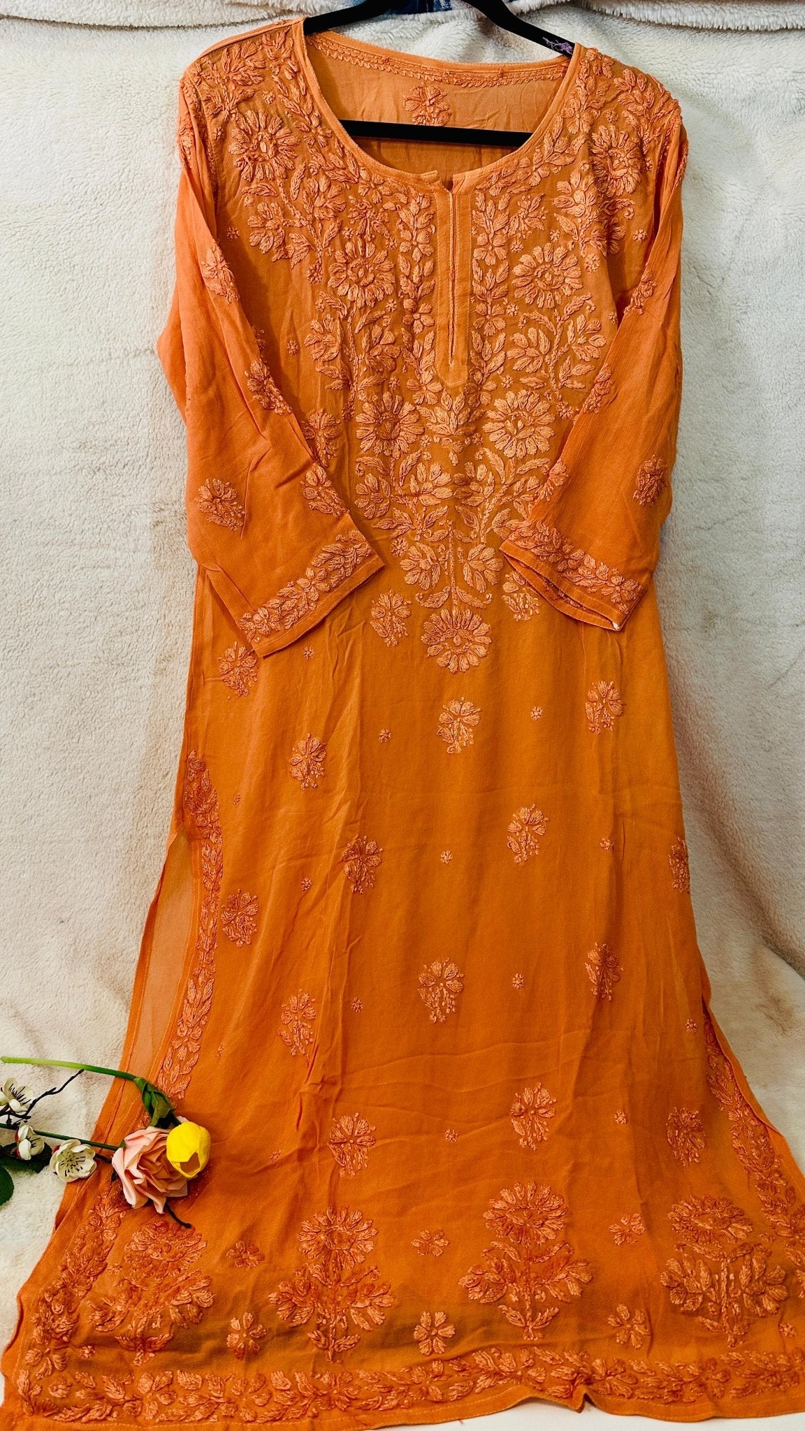 Rust orange tone on tone Viscose Chikankari Kurti with 3D Chikankari - My Store
